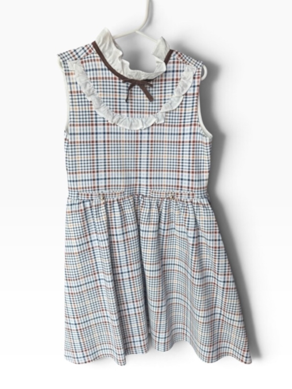 Janie and Jack Girls Plaid Ruffle Bow Sleeveless Dress Blue Brown Size 8